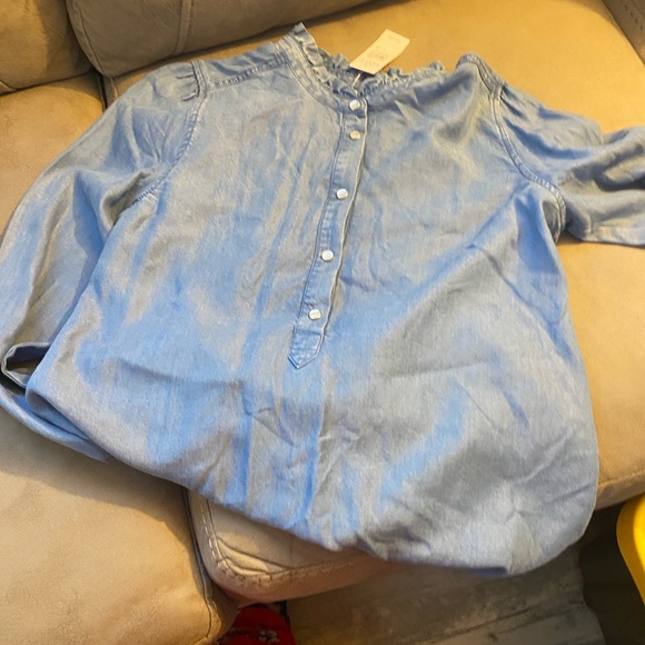 LOFT Light Blue Ruffled Button-Down Top - Picture 8 of 8